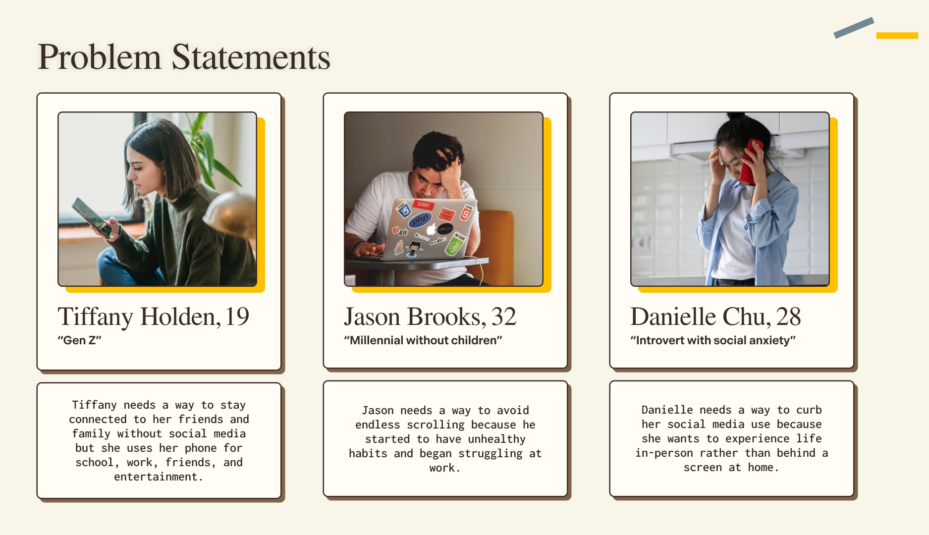 Reclaim's Problem Statements for 3 personas: Tiffany Holden, Jason Brooks and Danielle Chu.